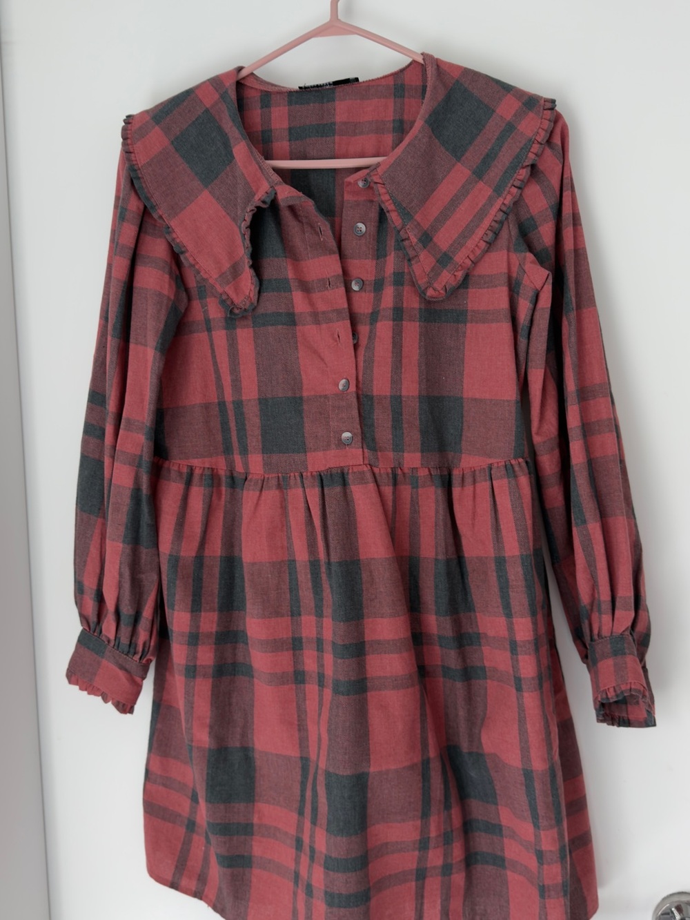 Girls Red & Black Plaid Long-Sleeve Dress with Peter Pan Collar